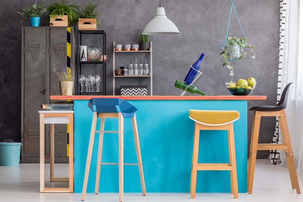 bold grey and blue kitchens