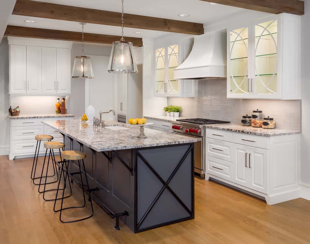 Luxury eclectic kitchen designs with white cabinets and dark island style