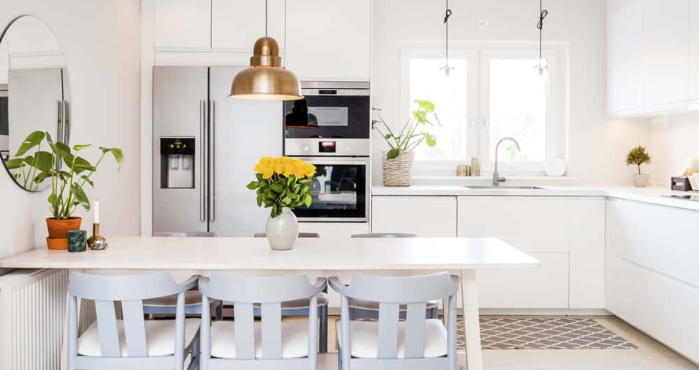 Bright white kitchen designs with indoor plants and sleek modern dining setup