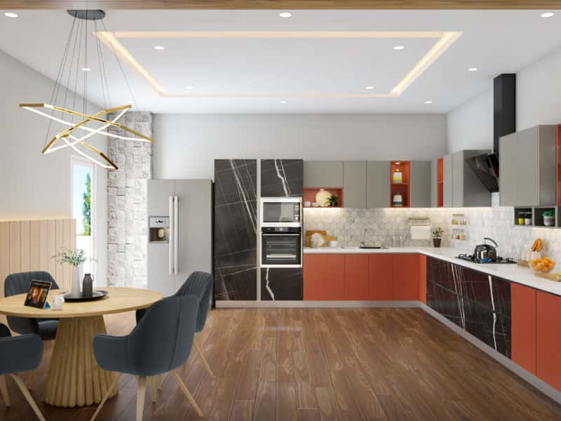 Bold kitchen color ideas with black red and grey modular cabinets