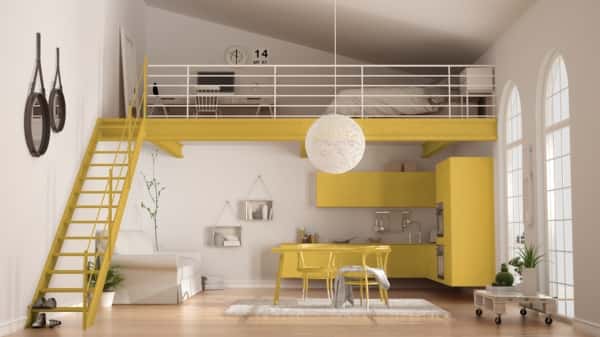 yellow kitchen with Mezzanine 