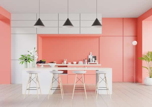 Latest Trendy Kitchen Designs using coral wall accents and modern lighting