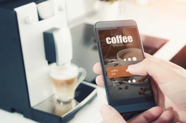 Modern Trendy Kitchen Designs with smart coffee setup and mobile control