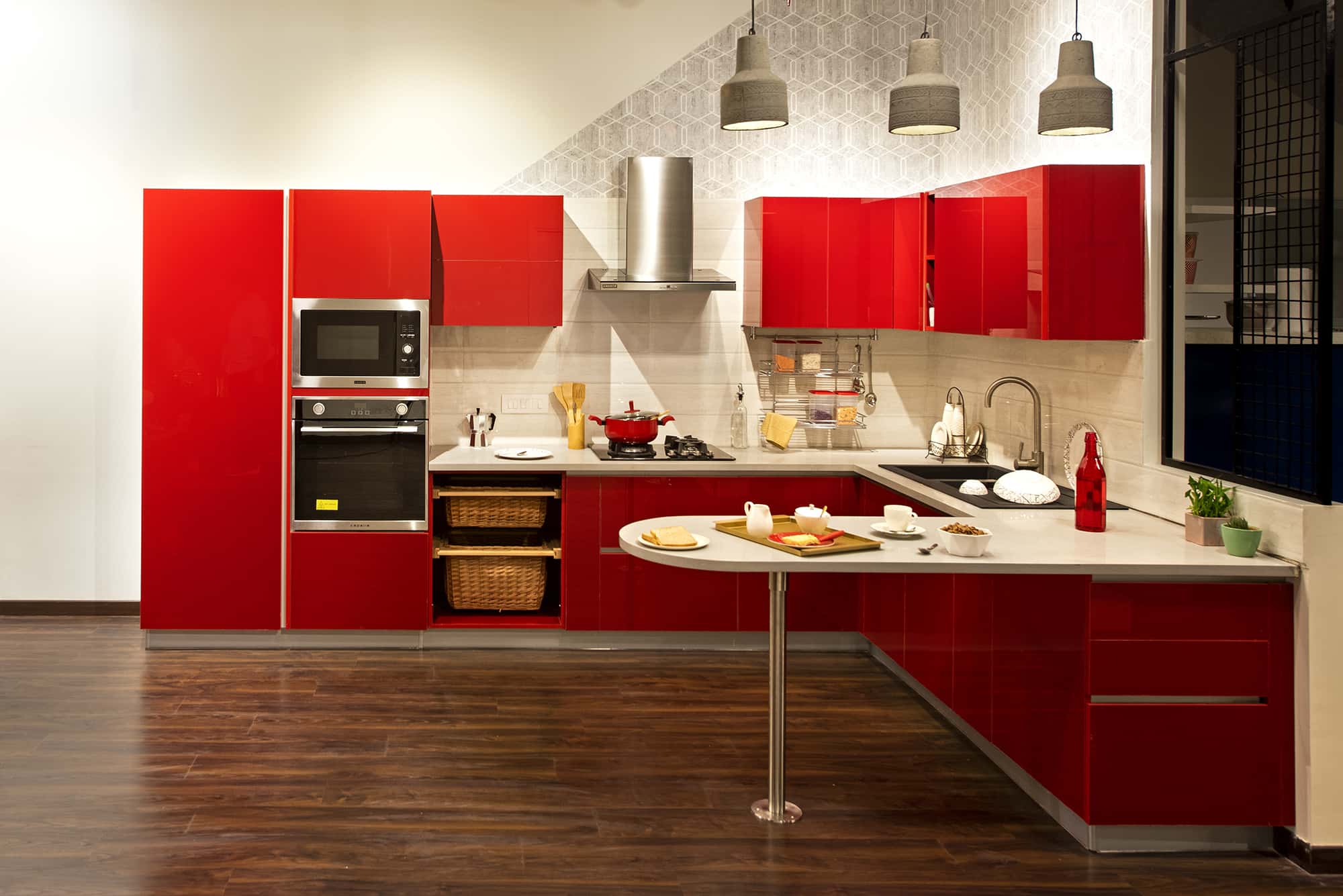 Stylish Home Interiors in Gurugram red kitchen look