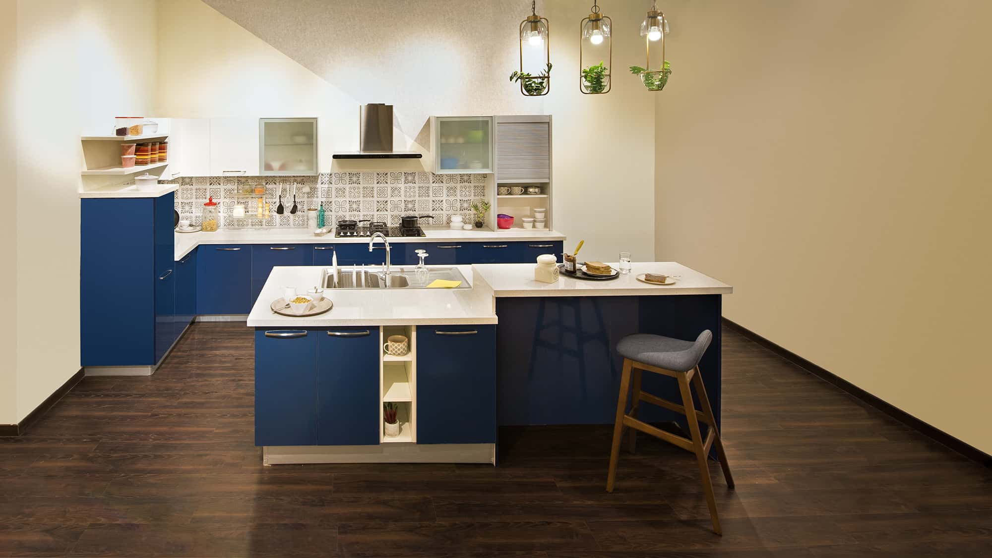 Modern Home Interiors in Gurugram blue kitchen layout