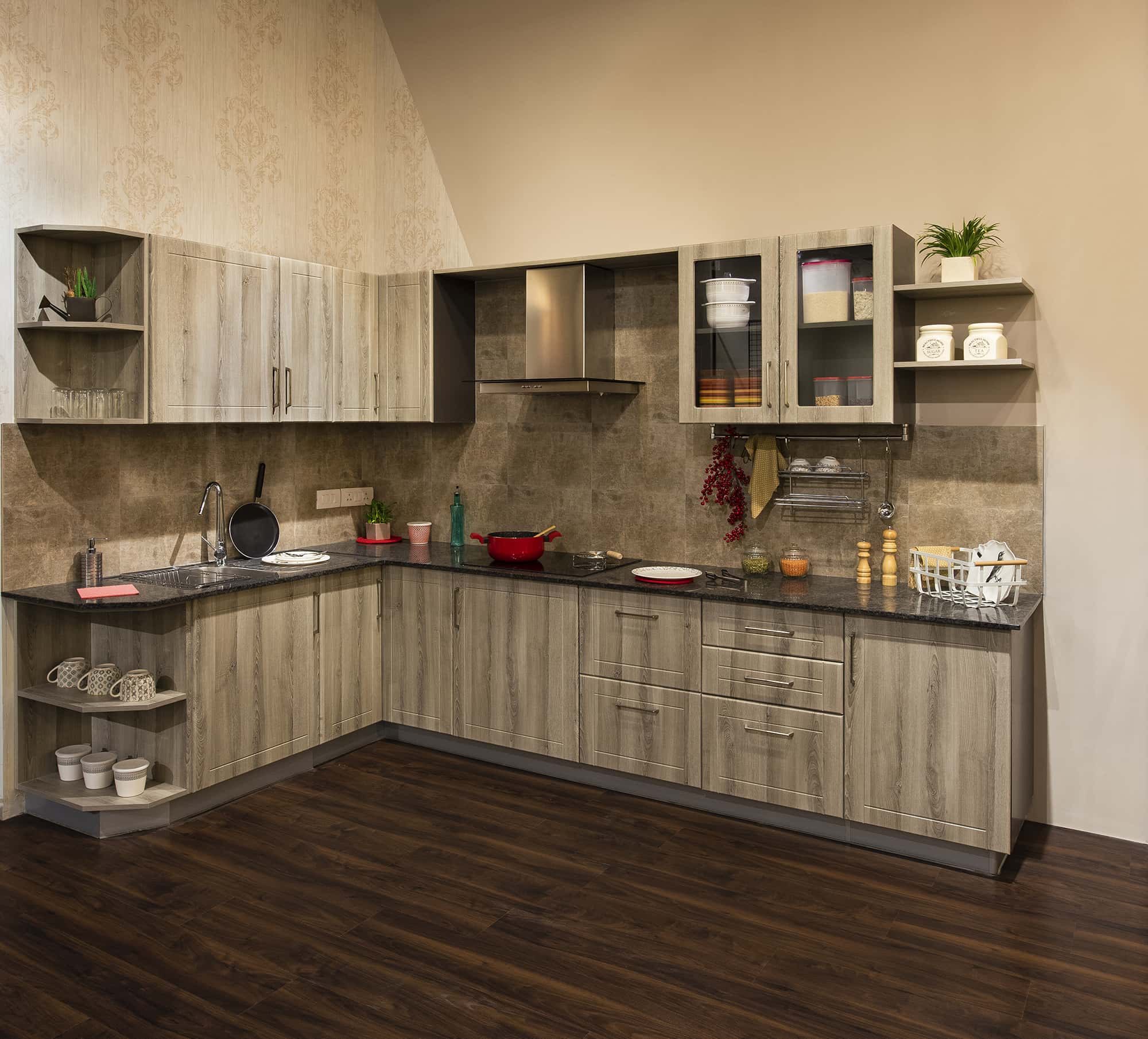 Rustic kitchen by interior designers in Gurugram with open shelves