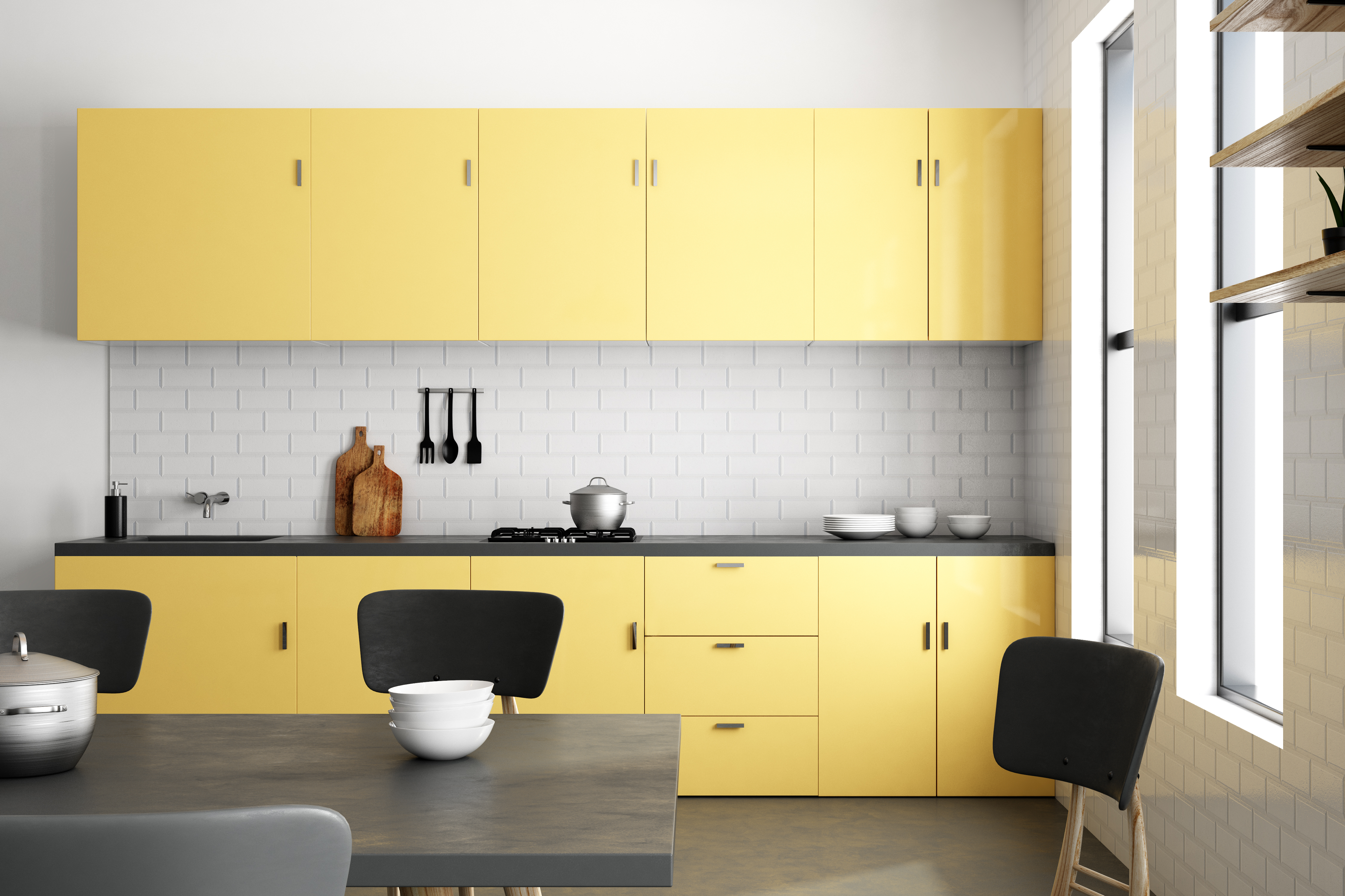 Minimalist kitchen cabinets colours in bright yellow against white brick backsplash