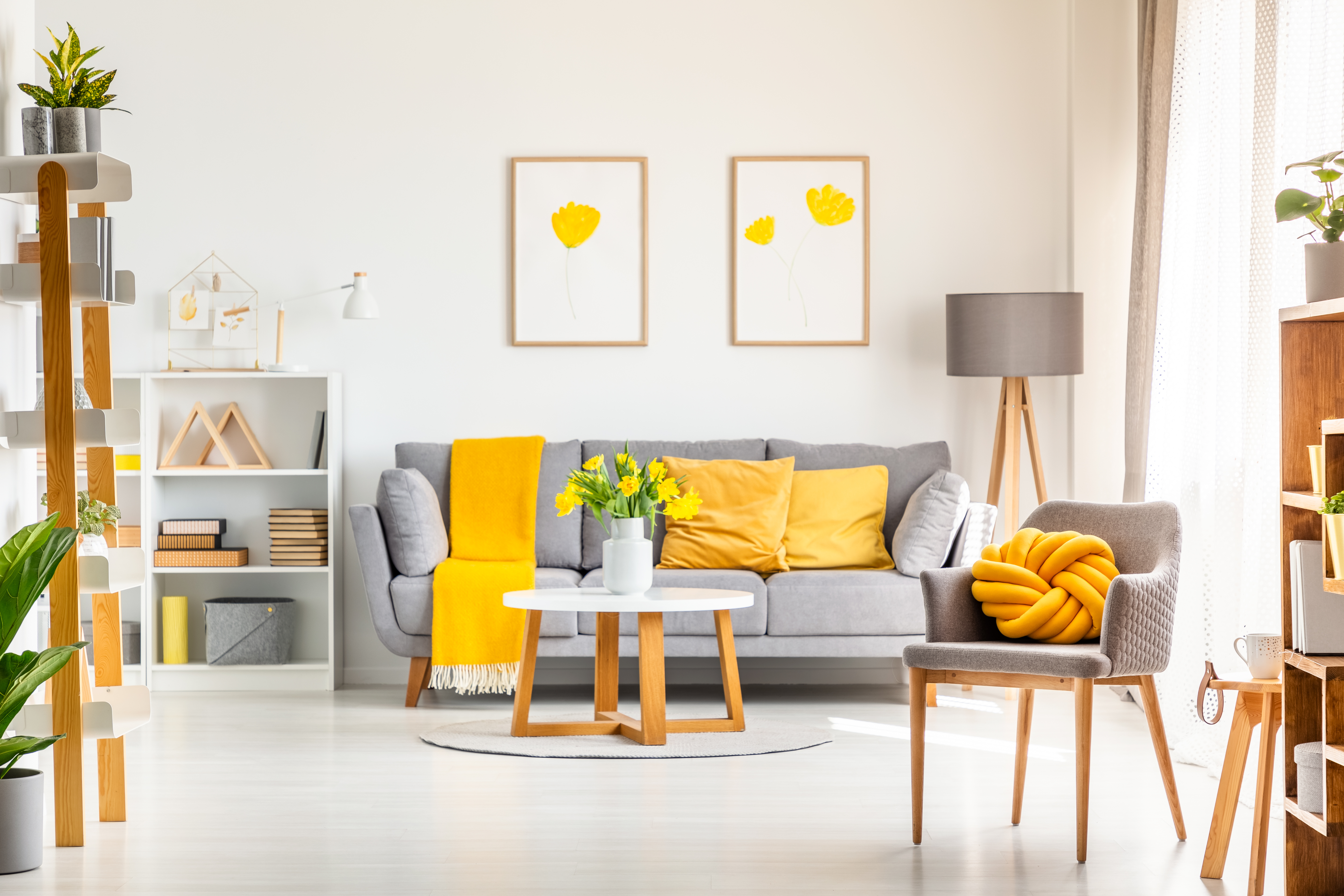 Yellow Cushions on Grey Sofa