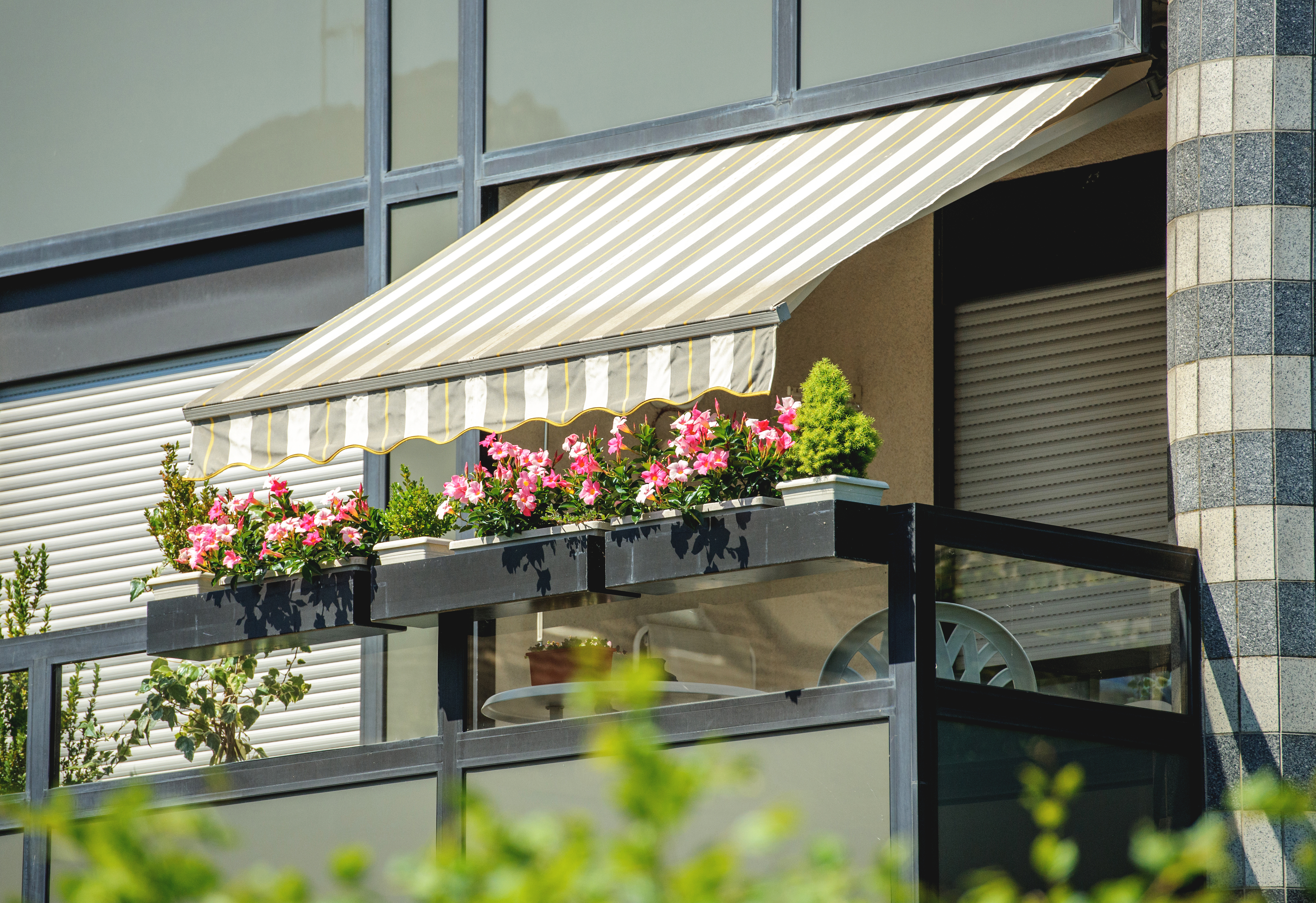 Striped awning balcony rain protection with vibrant flowers for a stylish outdoor space
