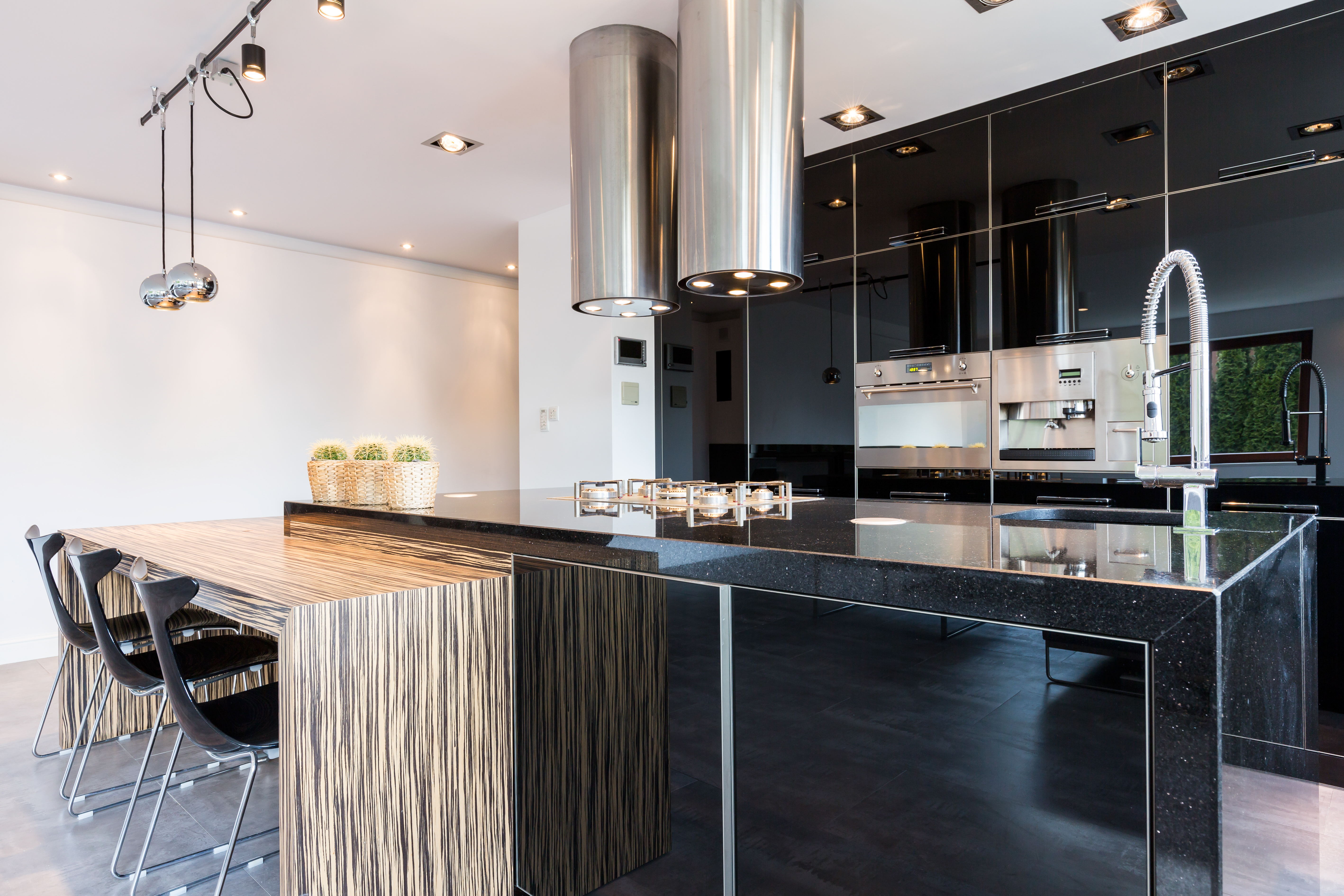 Luxury kitchen cabinets modern design with black gloss finish and built-in appliances