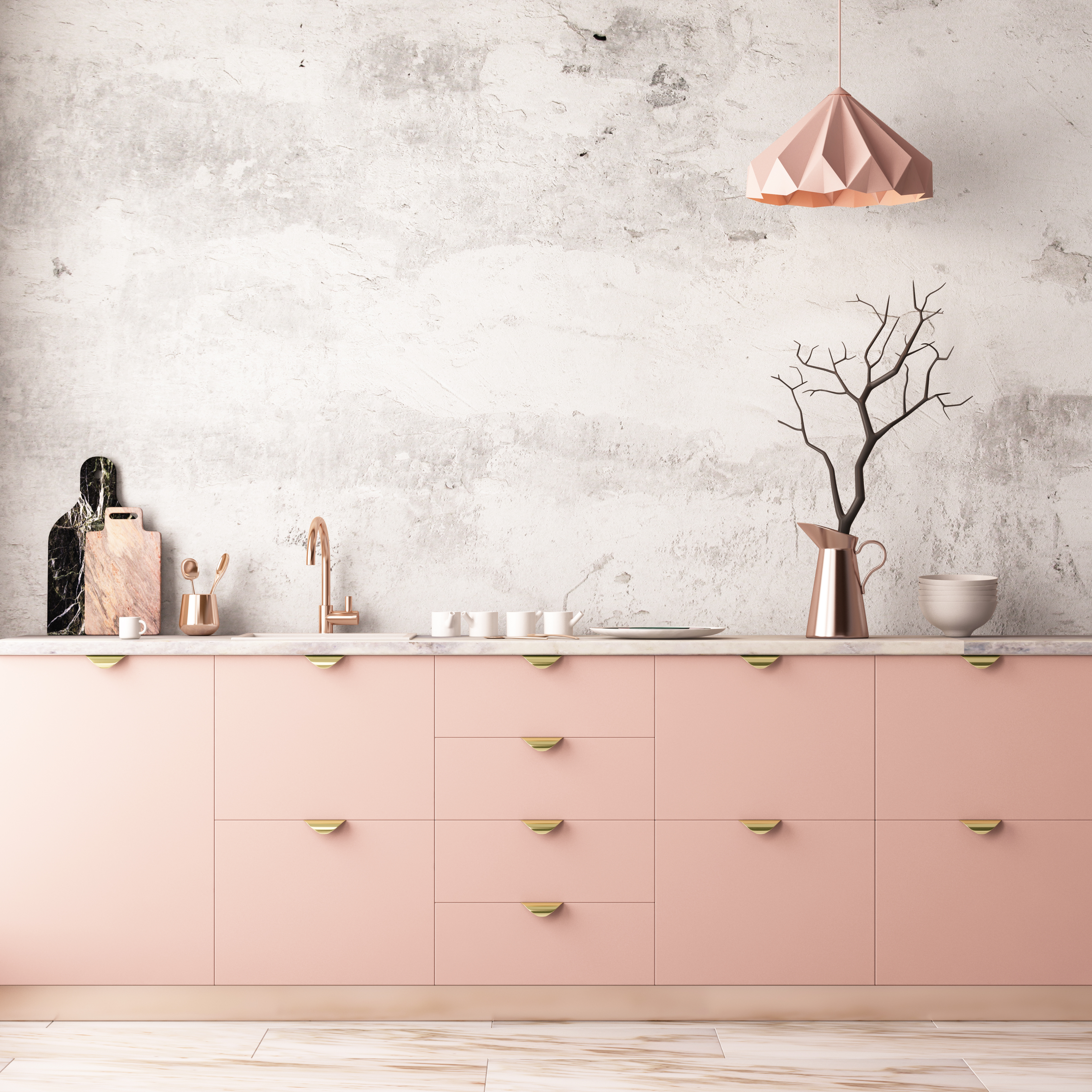 Soft pink tones in contemporary kitchens with minimalist decor and brass fixtures