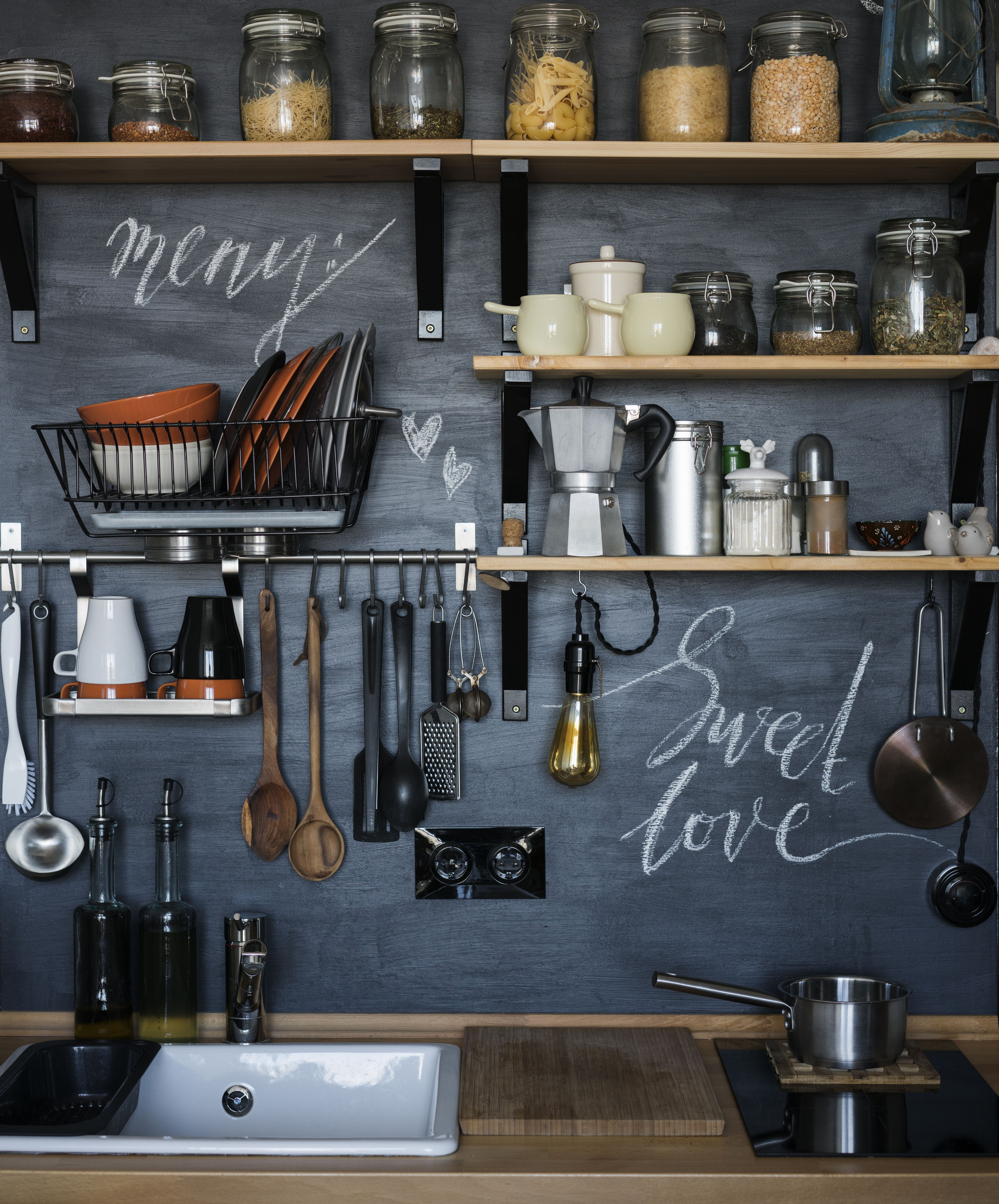 Chalkboard cafe style kitchens with open shelves and stylish hanging utensils