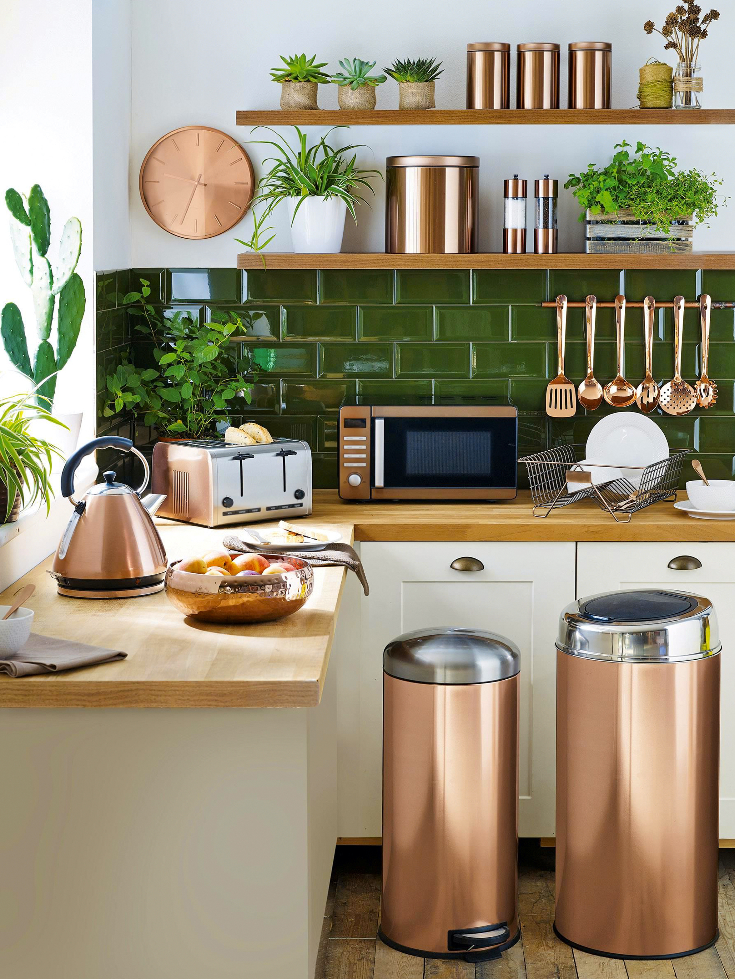 Copper accents in contemporary kitchens with green tiles and open wooden shelves