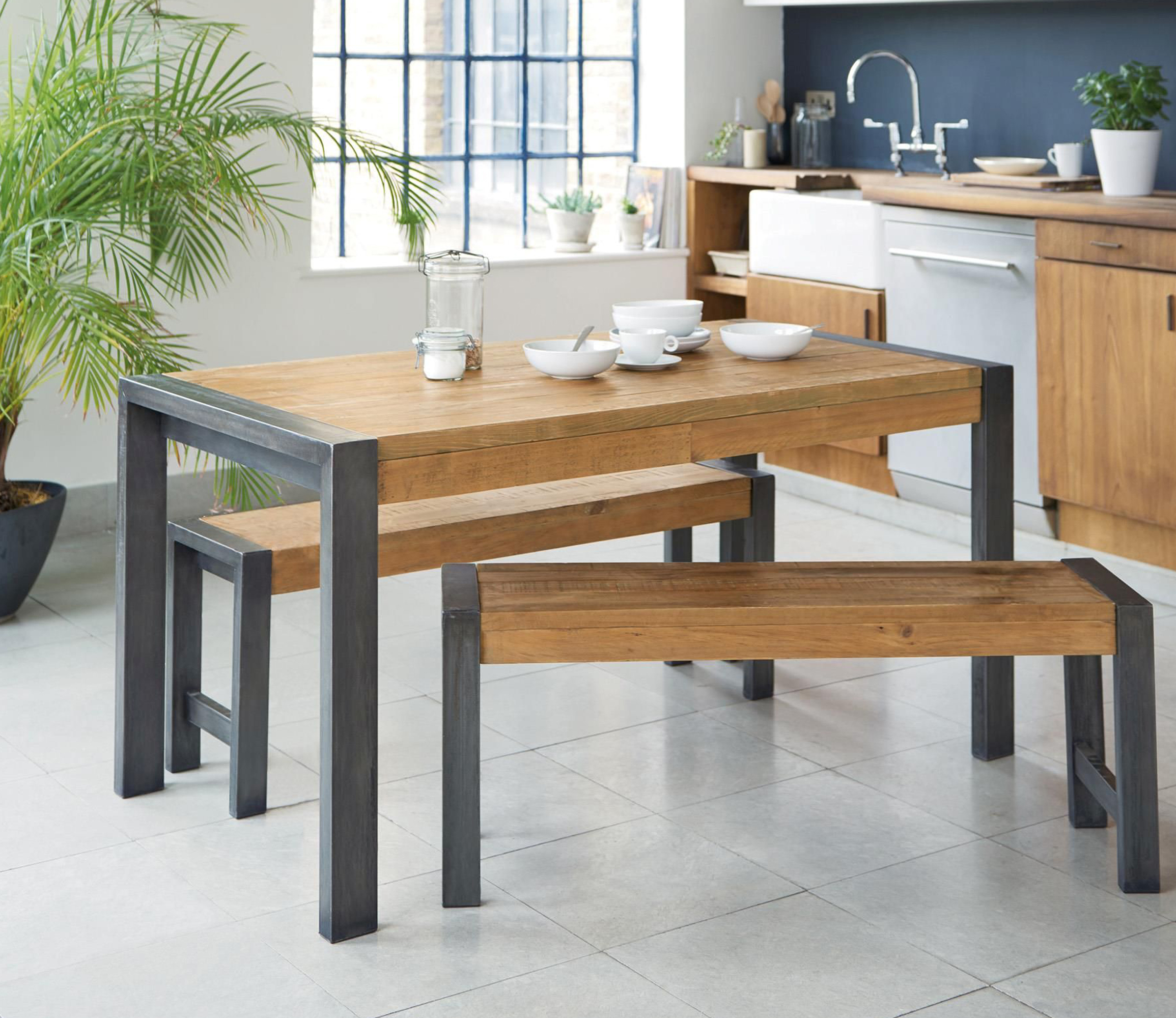 Minimal cafe style kitchens with wood and metal breakfast bench for casual dining.