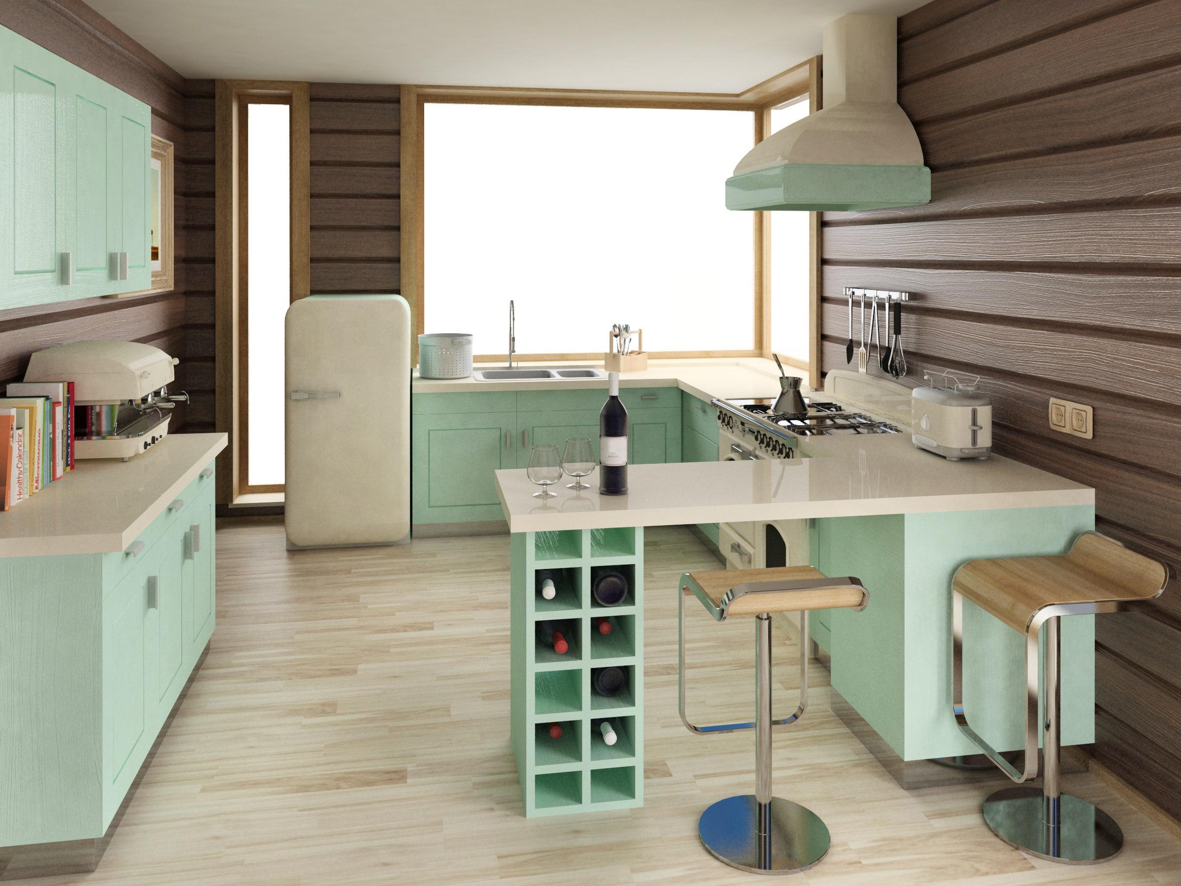 Retro cafe style kitchens with mint green cabinets and warm wooden accents