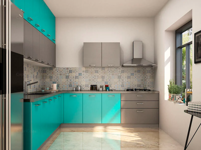 Latest Grey Kitchen Designs Blended with Blue Cabinets