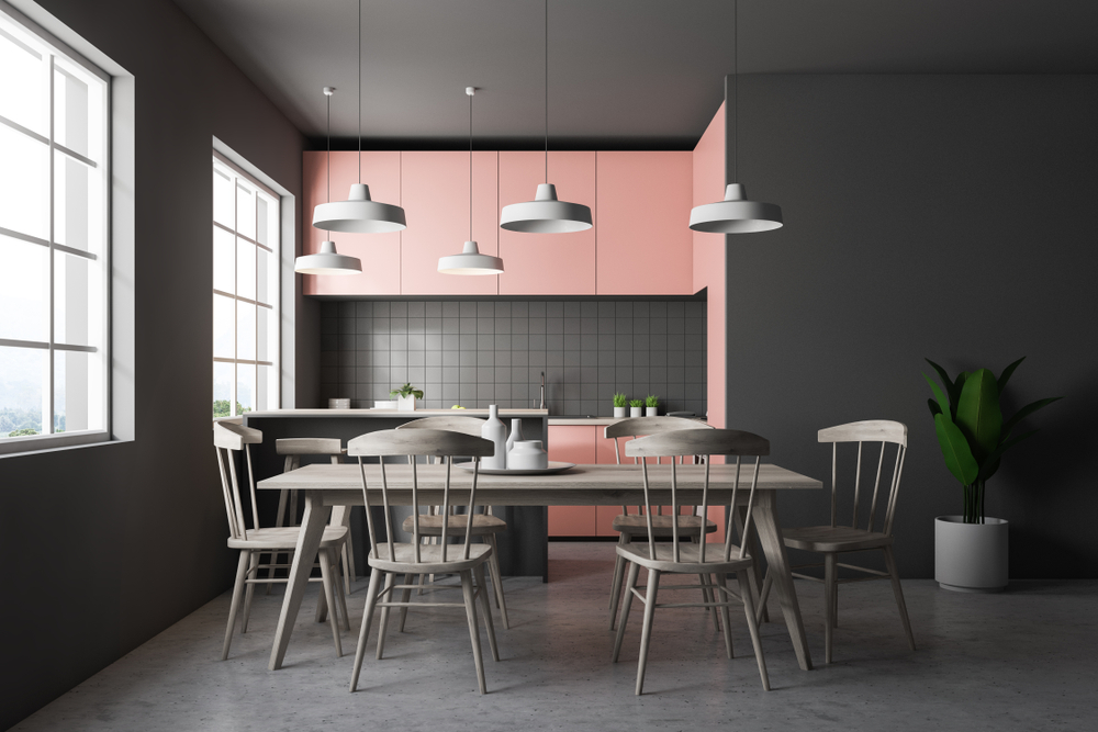 Elegant Grey Kitchen Designs with Pastel Pink Cabinets