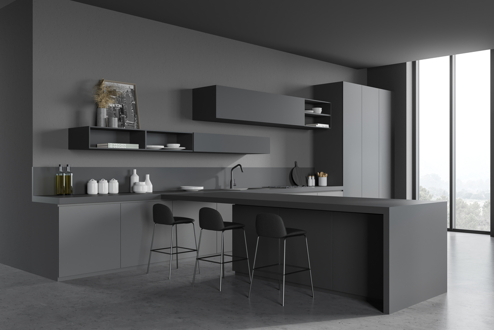 Modern grey kitchen designs with island and matte finishes