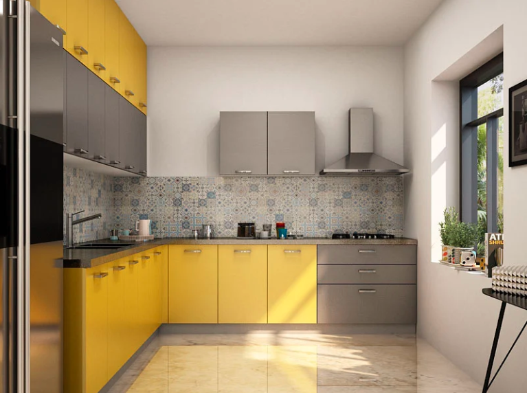 Stylish grey kitchen designs paired with bold yellow cupboards