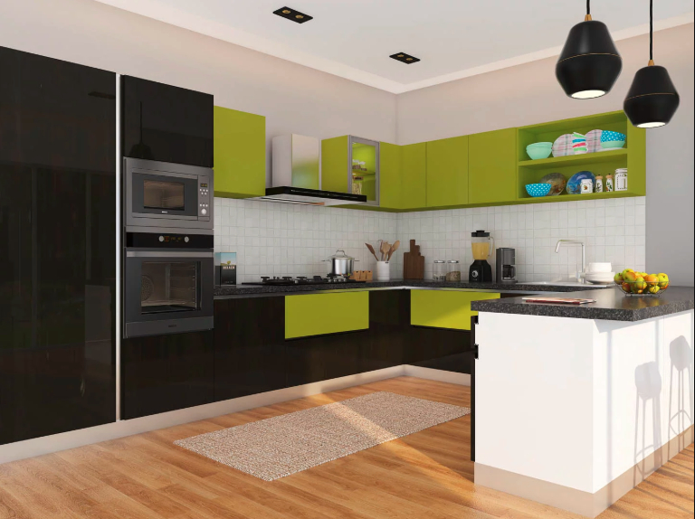 Painted glass kitchen cabinet shutter design with glossy finish