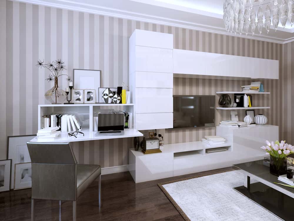 striped wallpaper with white Tv units