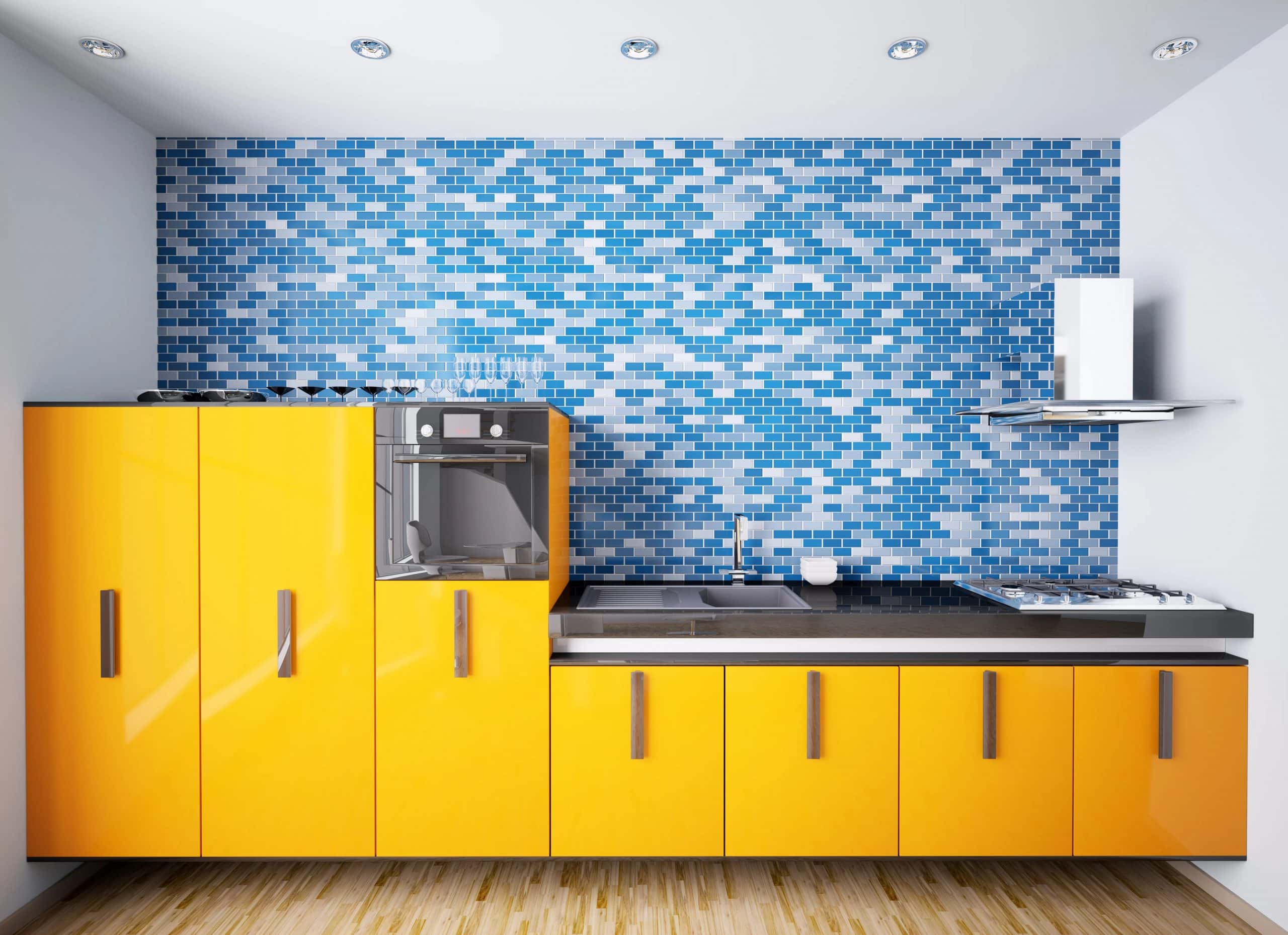 Modular kitchen colour combination in blue and orange with energy-boosting design