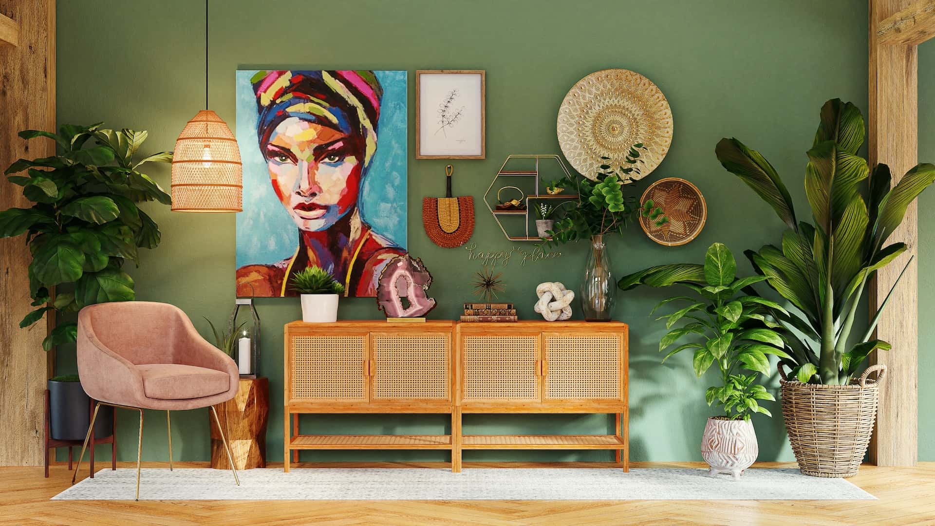 Bohemian free interior design online courses vibe with plants and wall decor