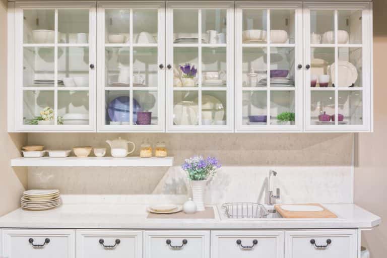 glass front white kitchen cabinets