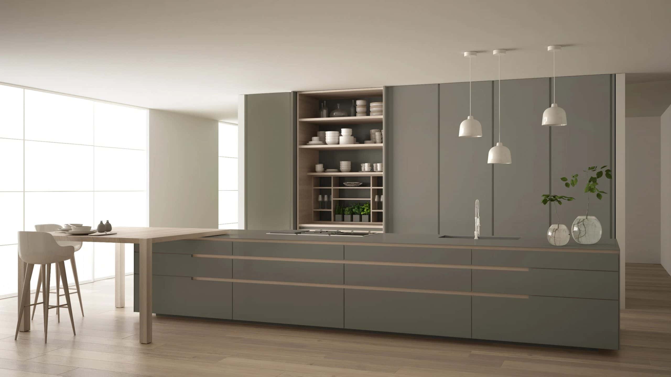 Grey modular kitchen colour combination with white countertops and bold backsplash