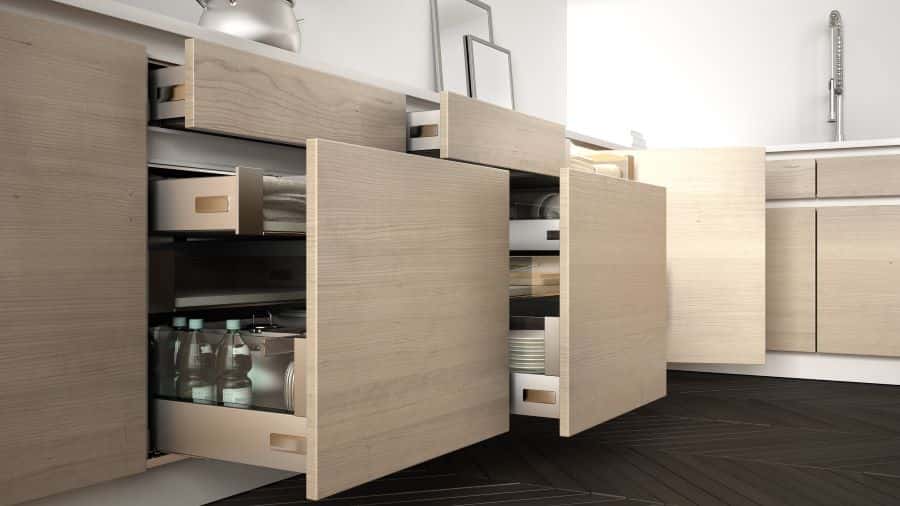 Open HDHMR board kitchen drawers with neatly organized storage