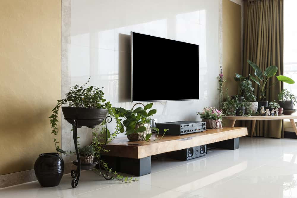 Greenery hide TV wires layout with plants and modern wood console
