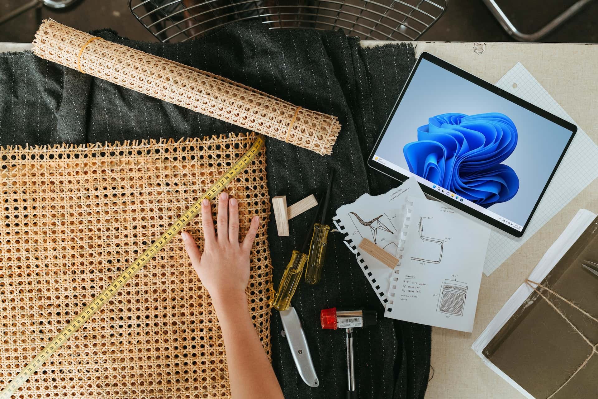 Creative free interior design online courses setup with tools and sketches