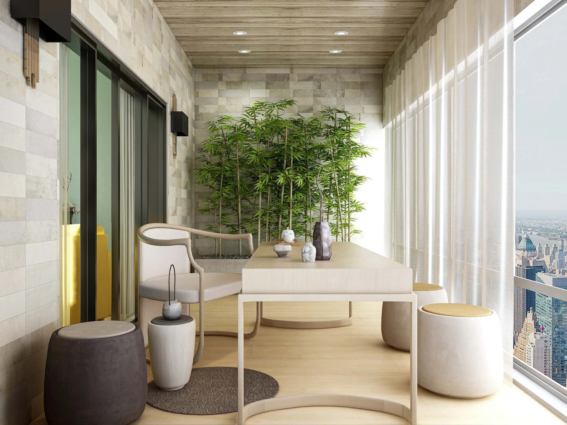 Zen open balcony into a room with bamboo décor and city skyline view