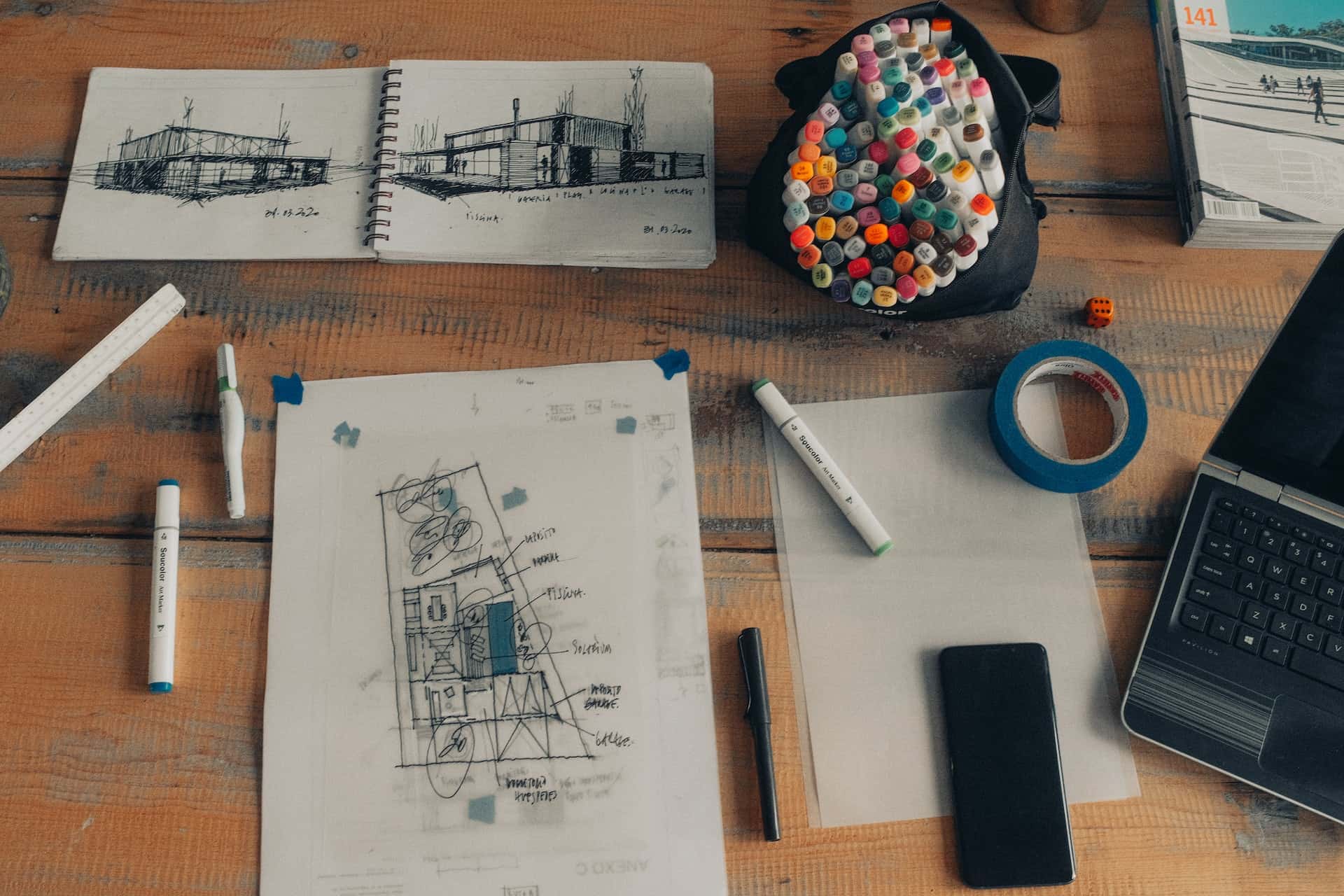 Workspace interior design online courses setup with planning sketches