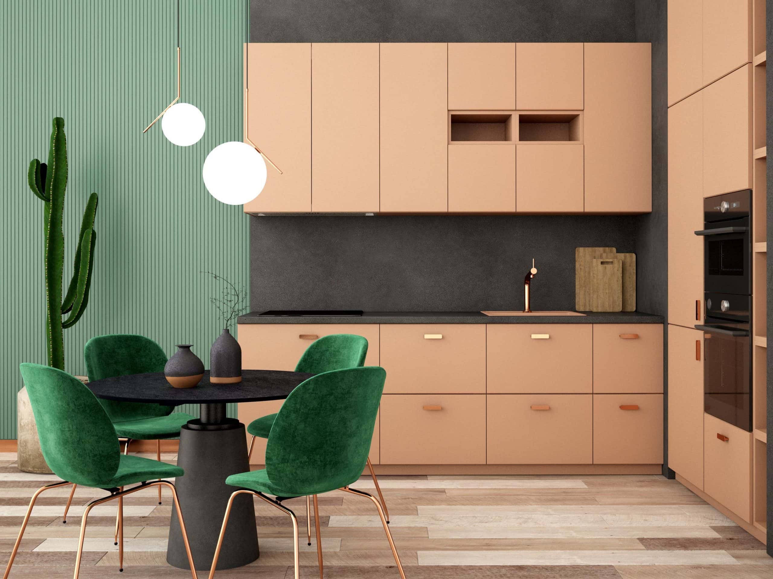 Small modular kitchen best colour combination with grey, pink and metallic finishes