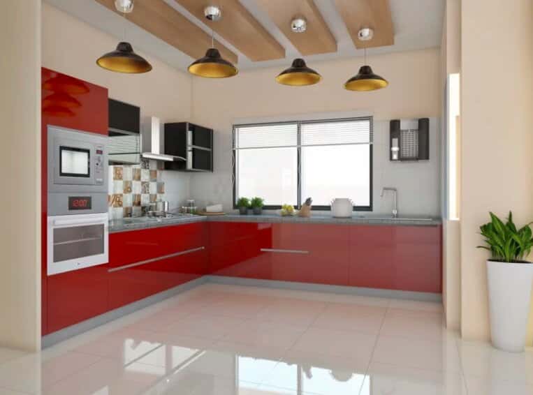 L shape modular kitchen colour combination in red and silver grey