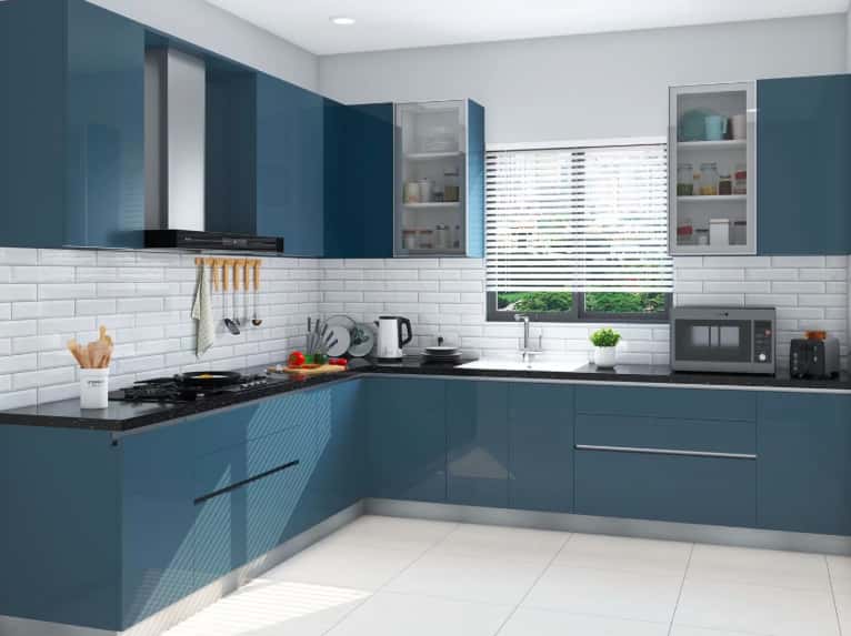 Modular kitchen design colour combination in white and blue coastal theme