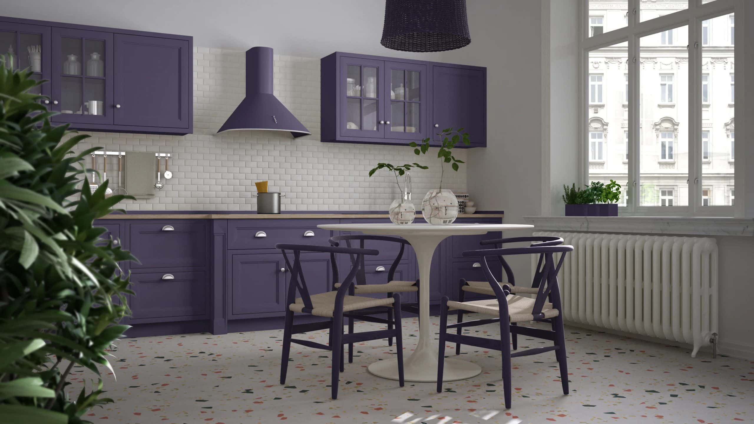 Best modular kitchen colour combination in purple and white for a vintage theme