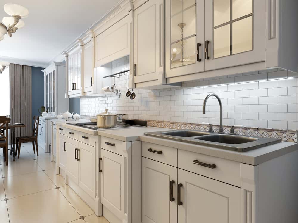 Open Kitchen Front Design with Classic White Cabinets and Modern Touches