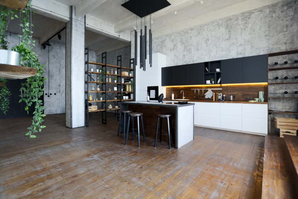 Eclectic kitchen designs with open shelving wood island and concrete walls