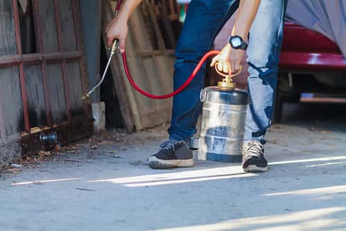 Spraying get rid of termite chemical around home exterior wall