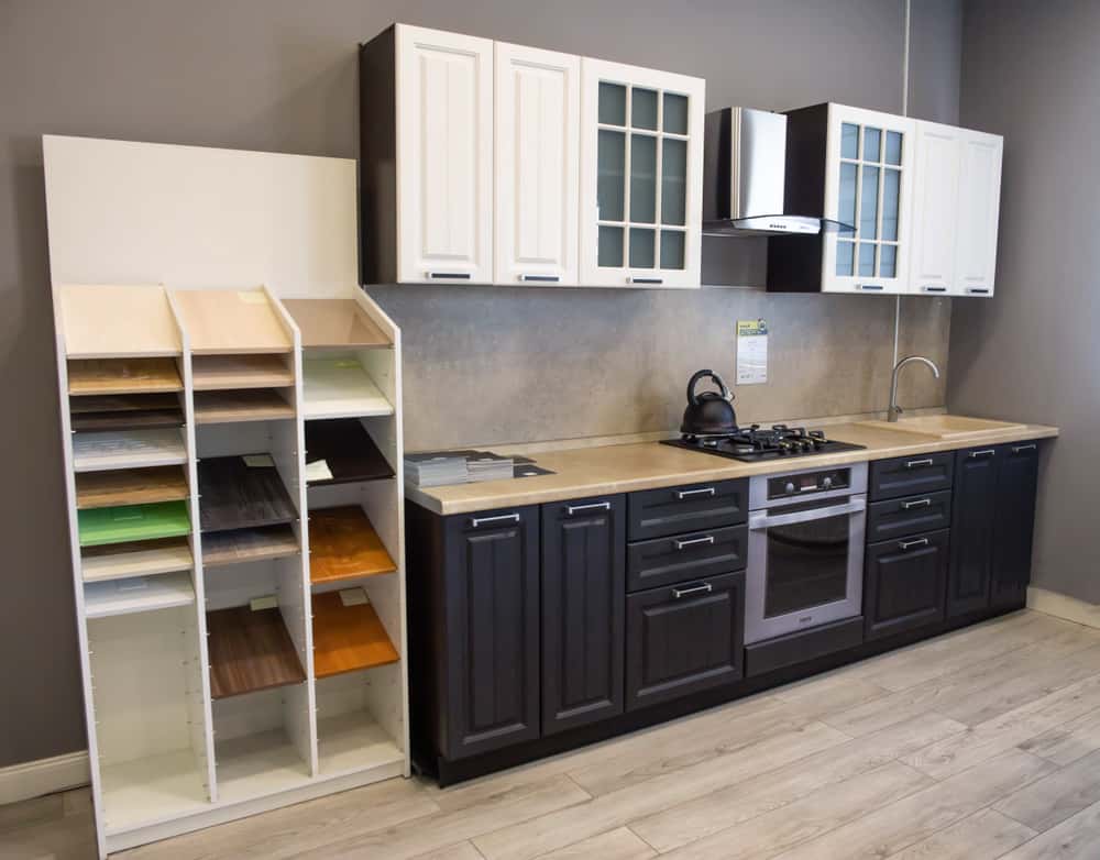 Compact Parallel Kitchens Designs with black and white modular cabinets setup