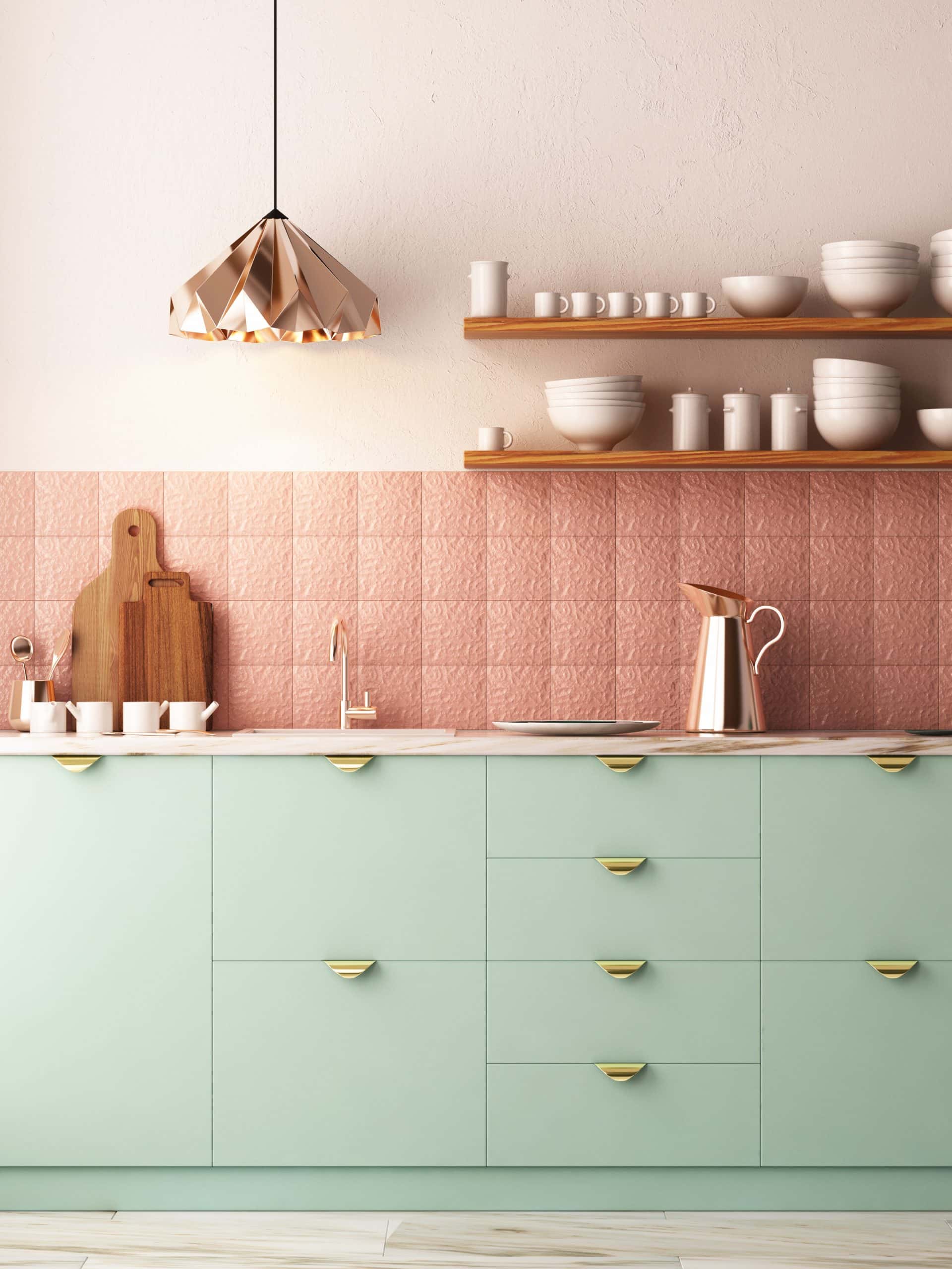 pastel blue and peach colour kitchen