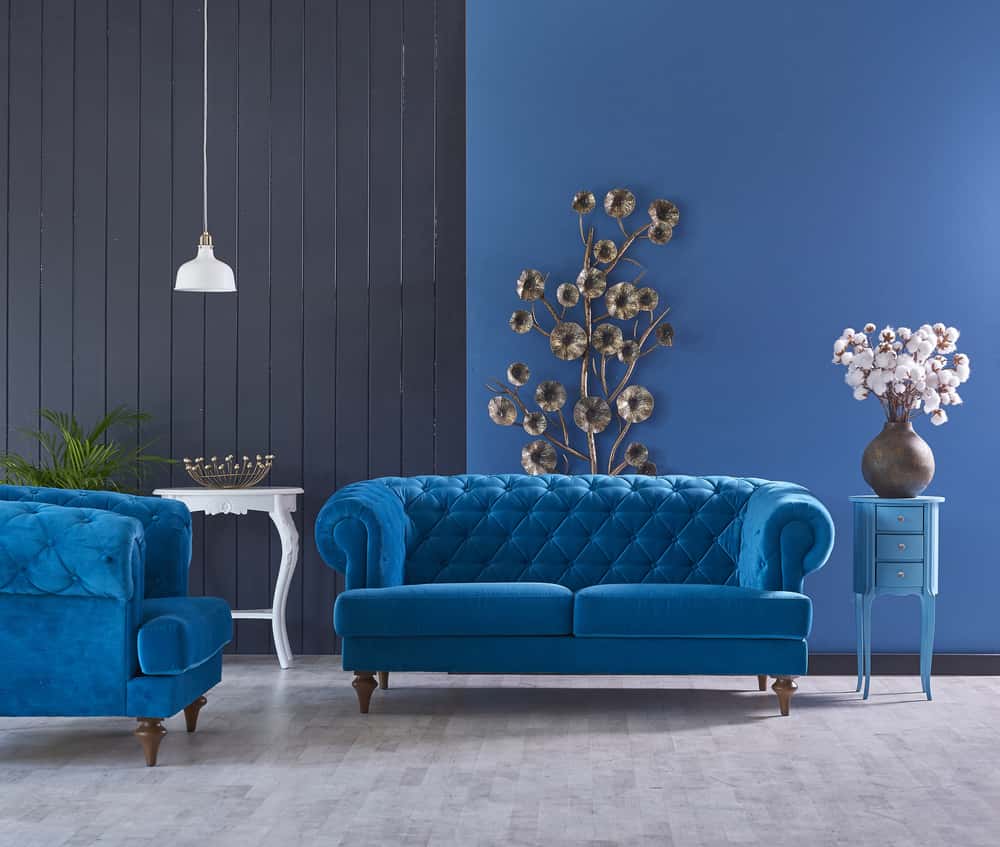 grey and blue color living room