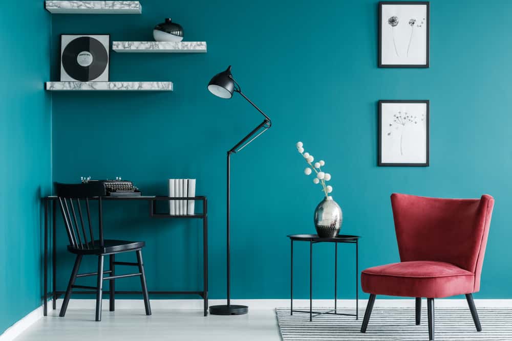 teal walls in home office