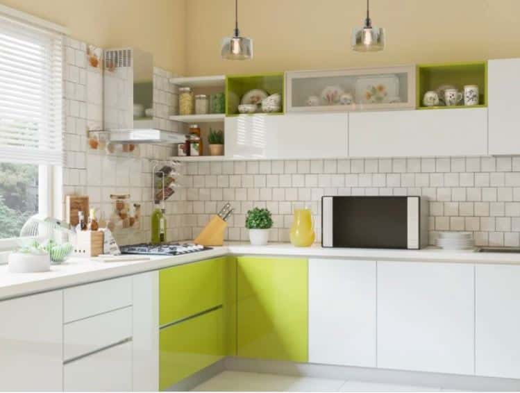 Bright industrial kitchen with white green cabinets and open wall shelving decor