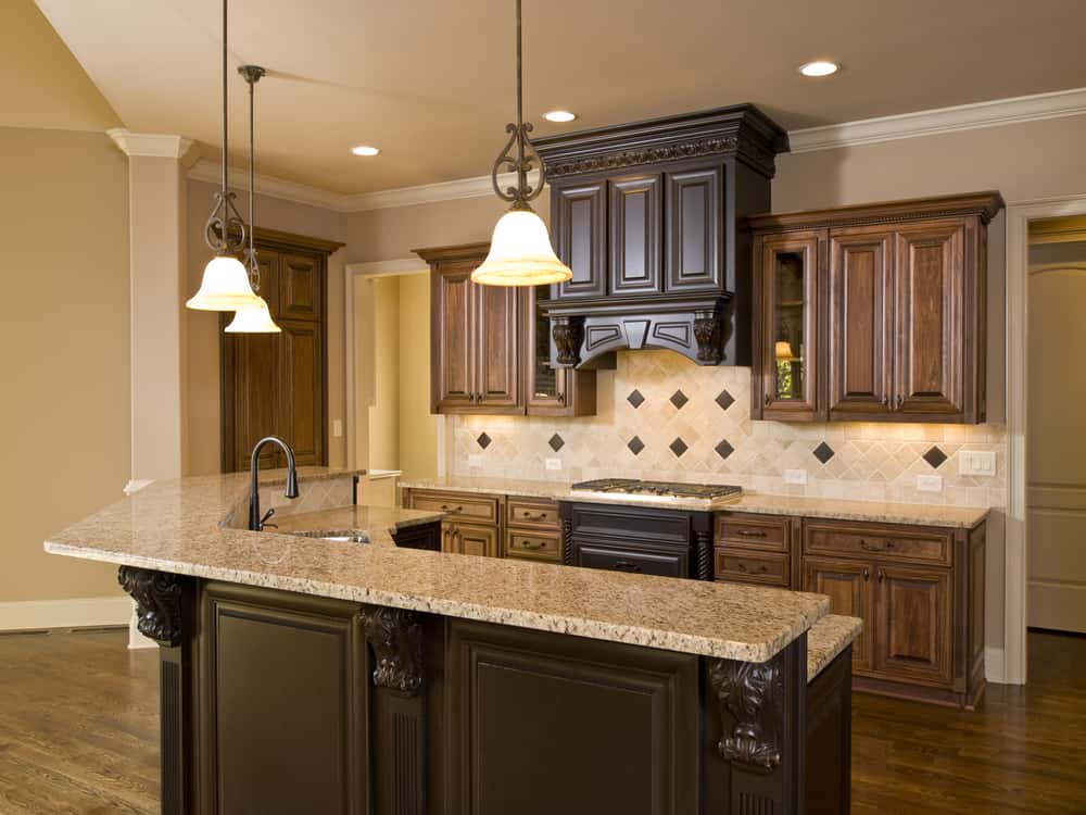 Granite Kitchen Platform Design with Modular Cabinets and Stone Countertop