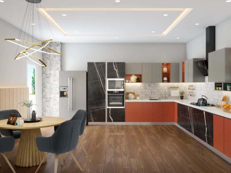 Luxury handleless modular kitchens with black and red cabinet panels