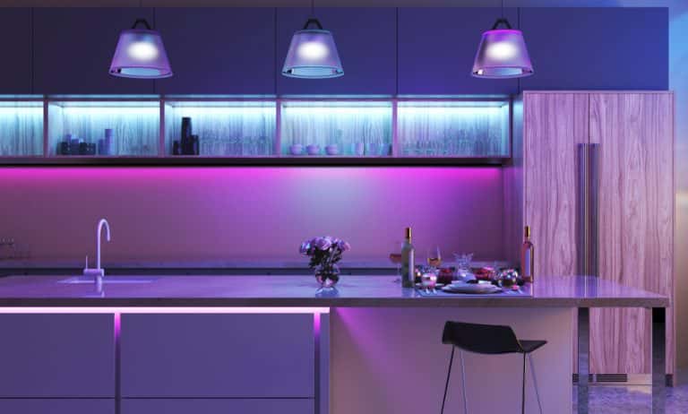 Handleless modular kitchen cabinet with modern LED light design 