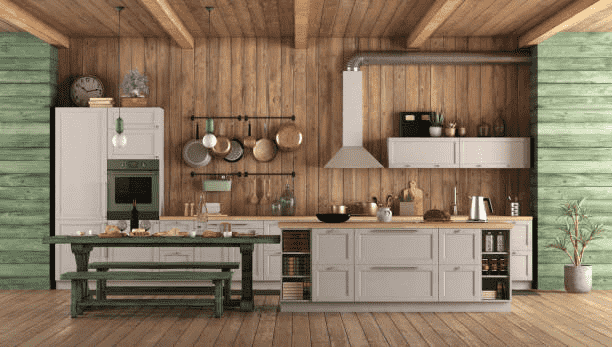Best contemporary kitchen design with rustic wood panels and open shelving